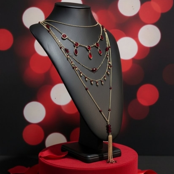 90s Vintage Designer Multi-Layered Ruby Statement Necklace – Gold Tassel & Bezel - Picture 3 of 5